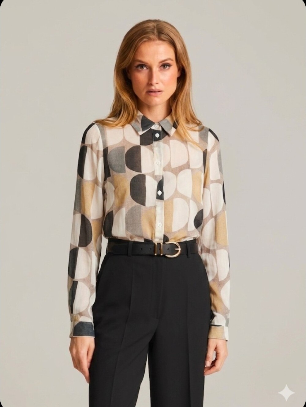 Lilith Paris Geometric Print Long-Sleeve Button-Up Blouse  Size S/38